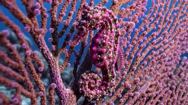 Perched on a sea fan, a tiny pygmy seahorse is perfectly hidden.