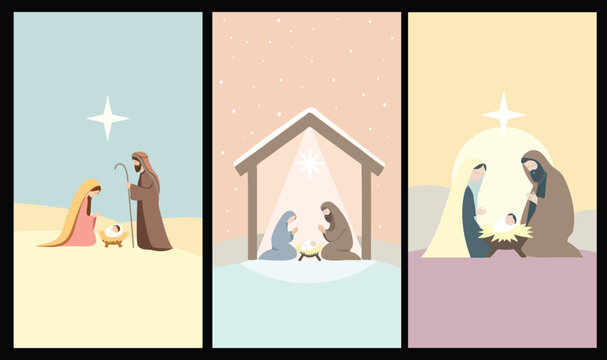 Vertical Christmas Nativity Scenes &ndash; Holy Night Illustrations for Mobile Projects
Three cozy winter nativity scenes in vertical format showing the Holy Family and the Star of Bethlehem. 