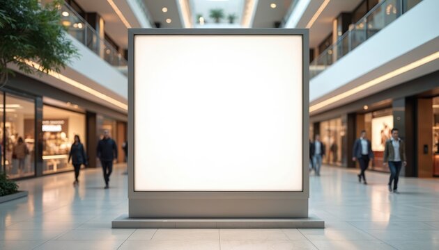 Blank square advertising billboard stands centered in bright, spacious, modern shopping mall atrium. Blurred shoppers move past various retail storefronts, shops. Empty display provides excellent