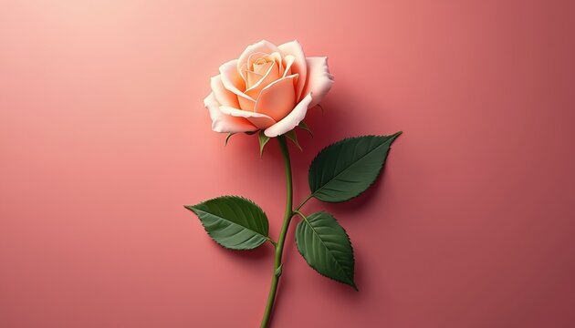 Single soft peach rose with green leaves set against a vibrant pink backdrop. Elegant floral detail for romantic themes or beauty promotions. Minimal composition.