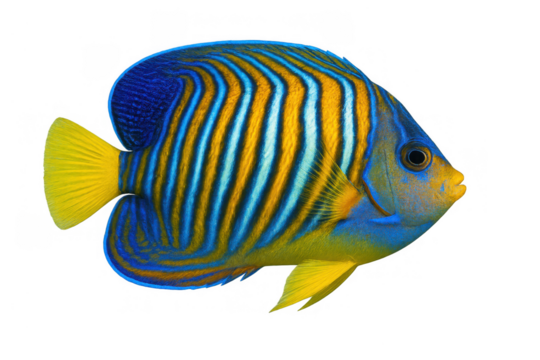 Regal angelfish swimming, vibrant blue and yellow stripes, tropical marine life, isolated on transparent background