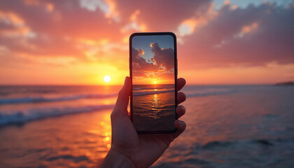 Hand holds smartphone, displaying vivid sunset over ocean surface on screen. Golden hour sky colors reflect on water. Person takes photo of beautiful sea view at beach. Travel memory captured on
