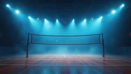 Empty indoor volleyball court at night dramatic blue lighting. Fog creates mystical atmosphere on shiny wooden floor. Net stands ready for intense sport game, training, high stakes competition.