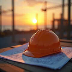 Orange hard hat sits on construction blueprints at sunset. Cranes and building structures rise against a warm sky. Planning begins for future development projects.