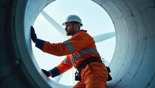 Wind turbine technician in safety gear works on large tower structure. Pro worker checks equipment high up, maintaining clean energy generation. Expert performs repair on generator for wind farm - Powered by Adobe