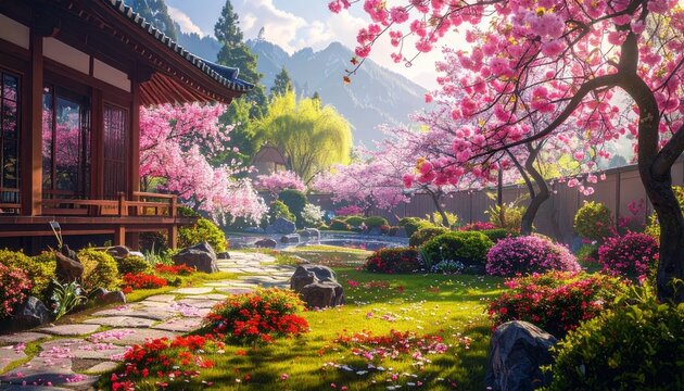 Jard&iacute;n japon&eacute;s con cerezos en flor, fotograf&iacute;a macro, colores vibrantes, luz suave.