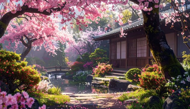 Jard&iacute;n japon&eacute;s con cerezos en flor, fotograf&iacute;a macro, colores vibrantes, luz suave.