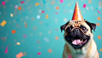 Happy pug dog wears party hat. Cheerful pet smiles with tongue out surrounded by confetti. Festive animal portrait against blue background. Birthday celebration concept.