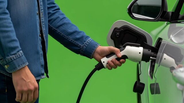 Man unplugging electric vehicle charging cable on green screen. Sustainable energy and technology footage.