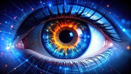 A close-up of a digital eye with vibrant colors and glowing patterns, depicting artificial intelligence, future technology, and cyber surveillance concepts