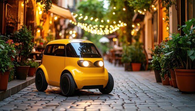 Compact yellow microcar parked in a cozy European alley lit with warm evening lights, representing urban mobility trends and sustainable city transport