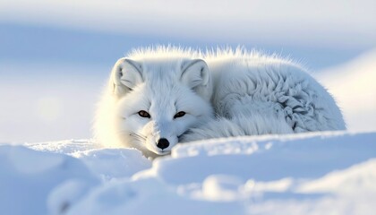 Snowy arctic fox resting with watchful gaze, symbol of endurance, wildlife in harsh climate, adaptation in cold regions, alaska tundra or scandinavia winter