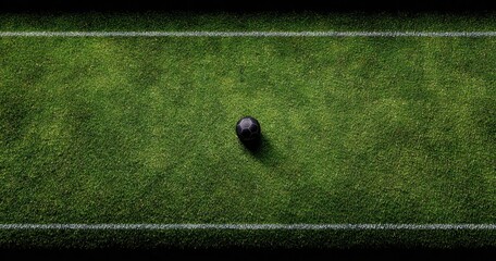 A top-down view of a bowling ball centered on a lush green lawn with white boundary lines