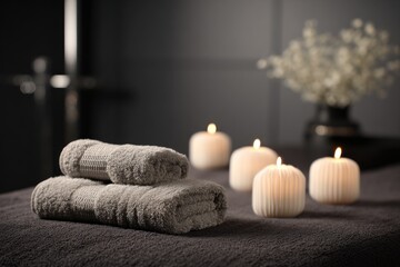 Serene spa scene folded towels, glowing candles, and delicate white blossoms