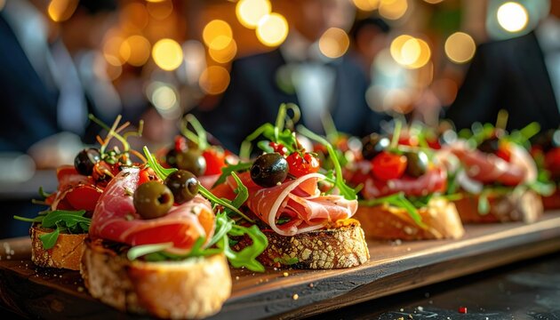 Appetizing bruschetta topped with ham, olive and greens served at formal banquet highlighting refined taste, Mediterranean style and joyous social occasion
