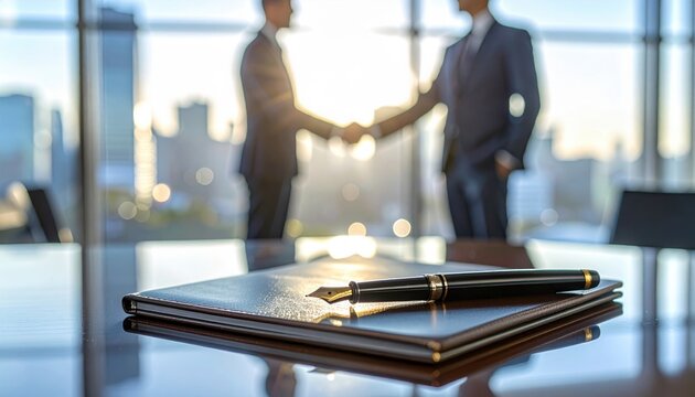 Notebook with fountain pen on polished boardroom table and executives shaking hands in blurred background symbolizing agreement, contract and professional partnership