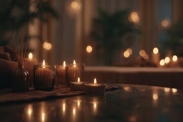 Lit candles on a table with a cozy vibe, warm lighting, and out-of-focus background