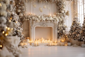 Obraz premium A Festive Wonderland Created with White Flowers, Candles, and Decorated Trees, Perfectly Capturing the Spirit of the Holiday Season in an Elegant Setting