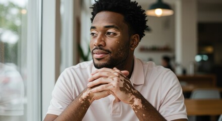 Thoughtful African American Man with Vitiligo Gazing Out Window in Cafe