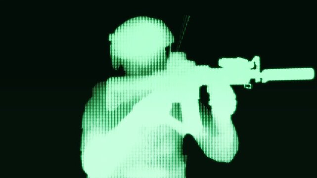 Green-toned LED screen style footage showing a soldier holding a rifle in night vision simulation, evoking military operations, tactical surveillance, or combat readiness.