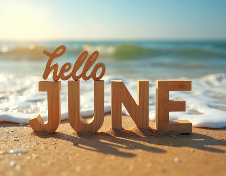 Hello June greeting on sandy beach. Wooden letters stand near ocean waves. Summer vacation theme illustration. Sea water touches shore. Warm sunshine on blue water background. Travel concept banner. - Powered by Adobe