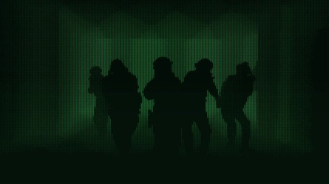 Silhouetted military unit advancing in formation through a corridor, captured in simulated night vision with a green LED screen effect, evoking stealth and precision.