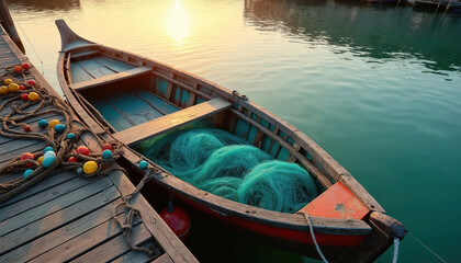 Obraz premium Wooden fishing boat with blue net and colorful buoys rests at harbor dockside during golden sunset. Calm turquoise water reflects warm sunlight on seaside.
