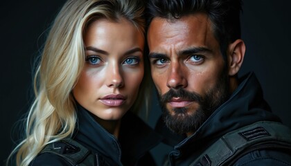 Close up photo of a couple. Man and woman stare directly forward. They wear dark tactical jackets. Both models have blue eyes. Serious faces show confidence.