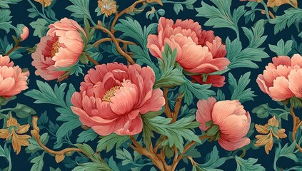 Opulent floral illustration with vibrant pink blooms and lush green foliage against navy background