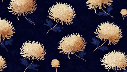 Elegant floral pattern featuring creamy golden blossoms on a deep blue, stylized leaf-filled background