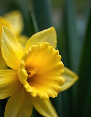 Fototapeta premium Bright yellow daffodil flower with water drops after rain. Close up macro view of narcissus blooming in garden. Green leaves in background suggest spring freshness, natural beauty.