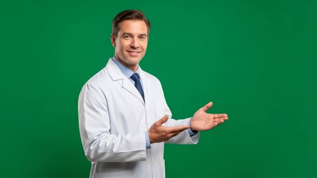 Smiling man doctor in white coat presenting with open palms on green screen for medical explanation footage