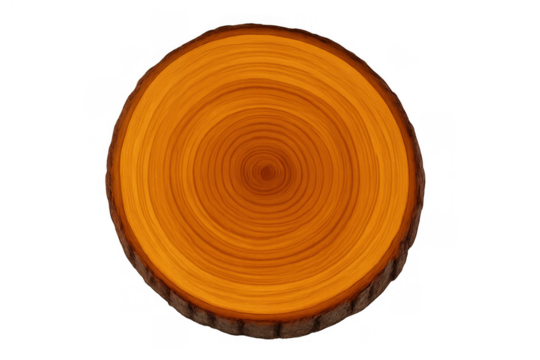 Wood slice cross-section revealing tree growth rings, natural circular timber texture, isolated transparent background