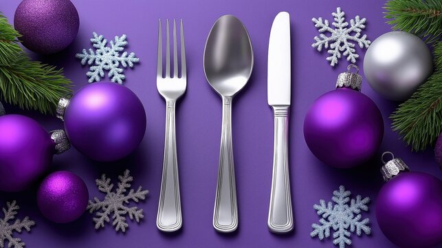 Festive silverware set on purple background with ornaments and snowflakes