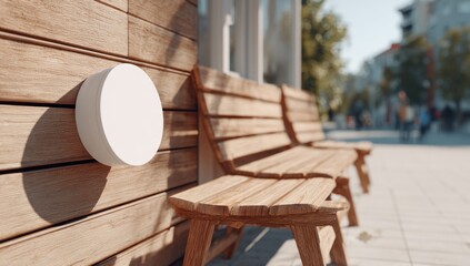 Outdoor scene shows a wooden bench with a white circular object on a wooden wall