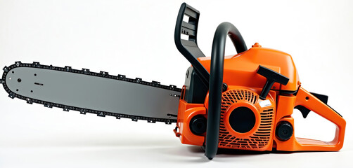 Vibrant orange chainsaw lies horizontally on clean white background. Powerful tool used for logging, forestry, cutting wood. Sharp chain, motor make essential equipment for construction, gardening,