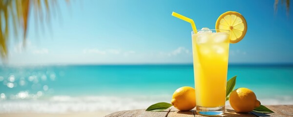 Cold lemonade with lemon slice and ice sits on a beach table. Blue ocean waves and sky form a backdrop for this cool summer drink. Refreshing beverage perfect for hot weather.