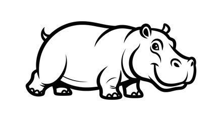 Cartoon Hippopotamus Illustration - A Charming Wildlife Depiction in Black and White.