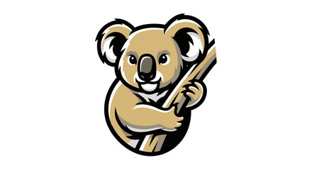 Cartoon Koala Mascot Clinging to Bamboo Branch with Determined Expression.