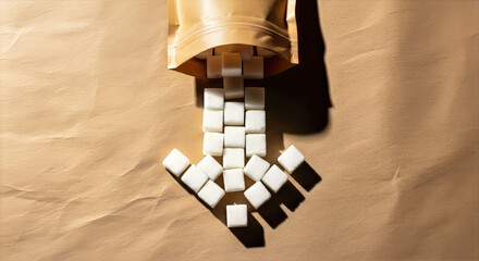 Sugar cubes in downward arrow shape on textured paper, symbolic of negative health impacts.