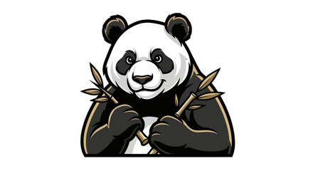 Cartoon Panda Bear Holding Bamboo Sticks with Focused Expression.