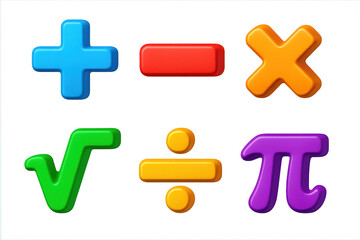 Obraz premium Bright Math Symbols. 3D icon set of math symbols: plus sign, minus sign, multiplication symbol, division symbol, square root, pi.