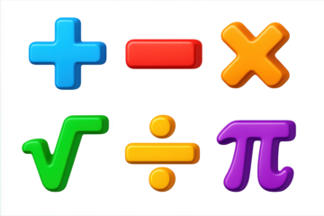 Bright Math Symbols. 3D icon set of math symbols: plus sign, minus sign, multiplication symbol, division symbol, square root, pi.