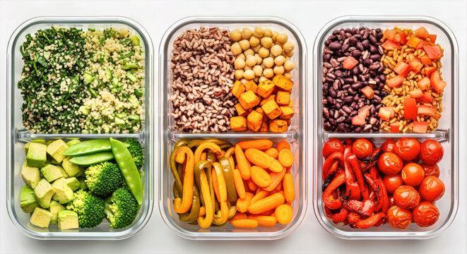 Traffic light meal prep featuring grains, plant protein, and vegetables viewed overhead. This traffic light meal prep includes plant protein and vegetables,