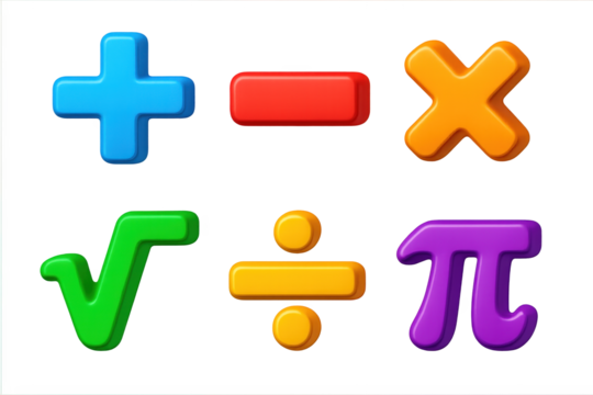 Bright Math Symbols. 3D icon set of math symbols: plus sign, minus sign, multiplication symbol, division symbol, square root, pi.