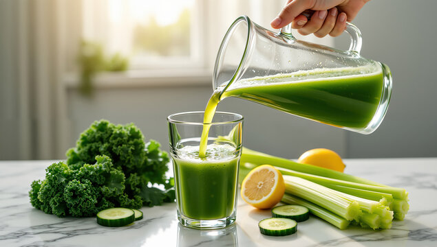 A hand pours fresh green juice from a glass pitcher into a glass on a marble countertop with cabbage, celery, cucumber slices, and lemon against a bright kitchen window. Concept of healthy detox nutri