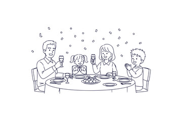 Happy family enjoying a celebratory dinner together at a table depicted in a clean one color illustration