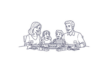 Happy family enjoying a festive meal together at a dinner table illustration