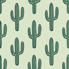 Seamless pattern of stylized green cacti on a light green background surface art