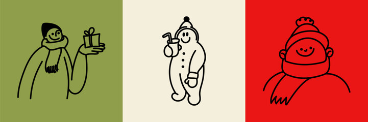 Vector illustration in simple hadn drawn style, in trendy playful whimsical quirky style, for Christmas and New Year prints, cards, banners, with funny and friendly mascot and character